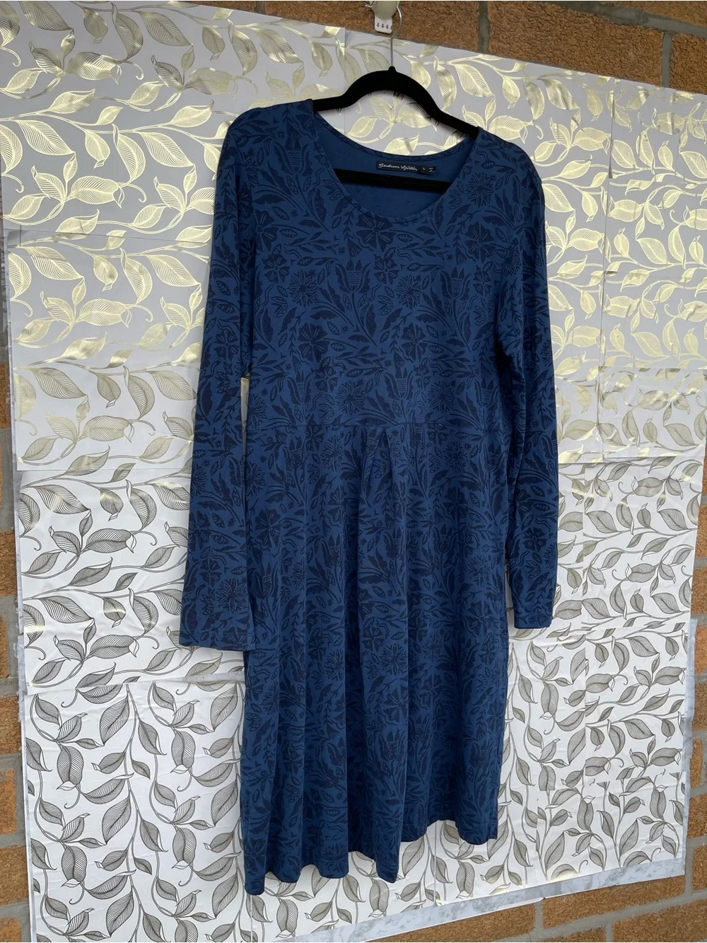 Gudrun Sjoden Organic Cotton Blue Botanical Lagenlook Dress L Pockets Scandiboho - Picture 5 of 12